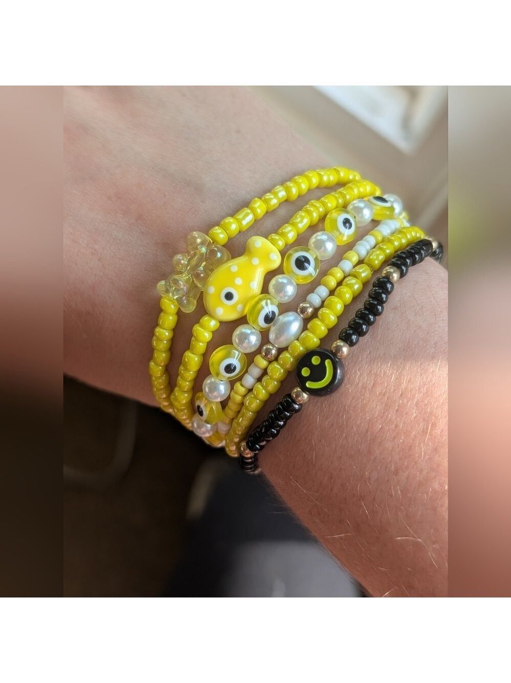 Hand Crafted Yellow and Black Beaded Bracelet Set Of 6